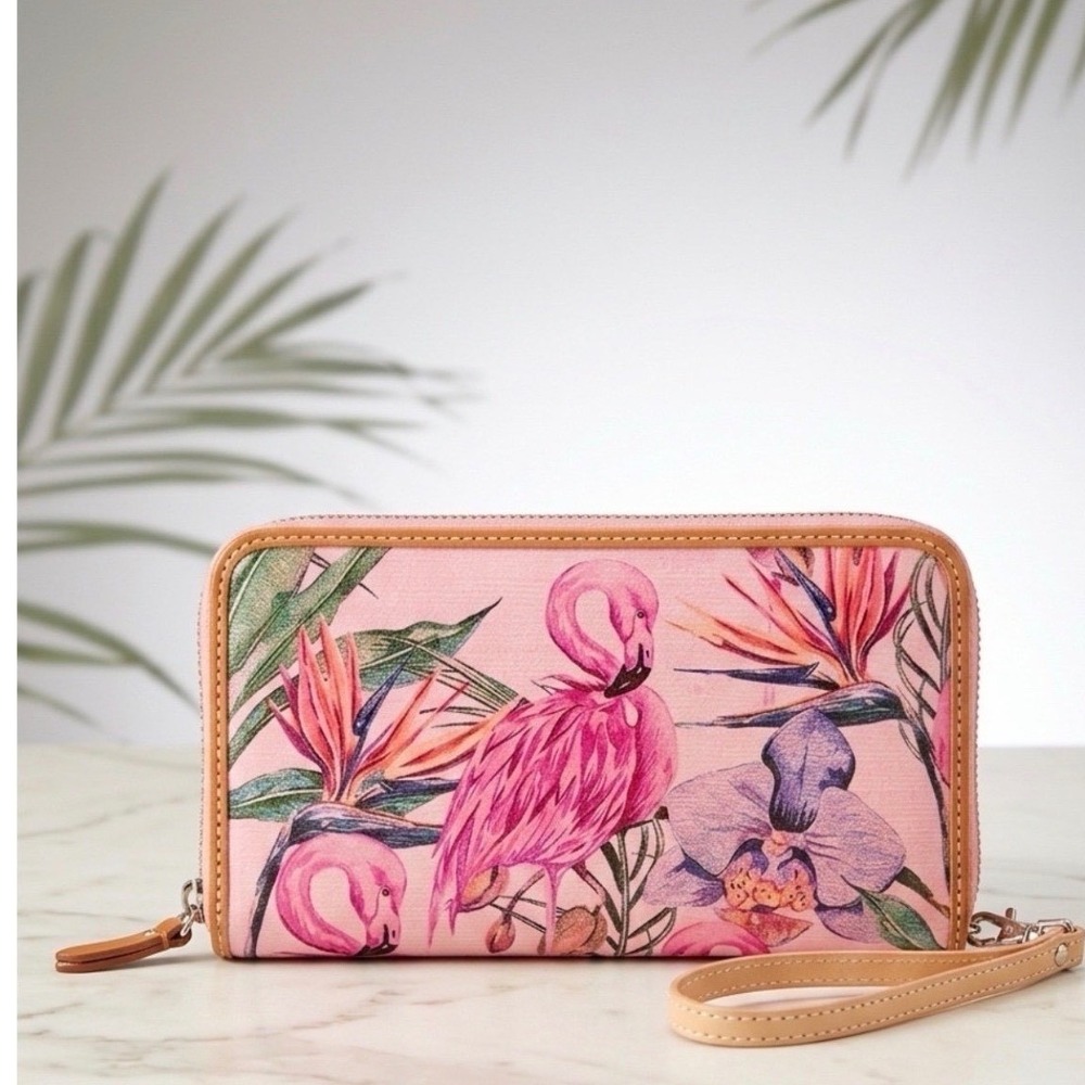 Consuela Brynn Pink Flamingo Tropical Floral Zip‎ Around Wallet - Picture 2 of 5